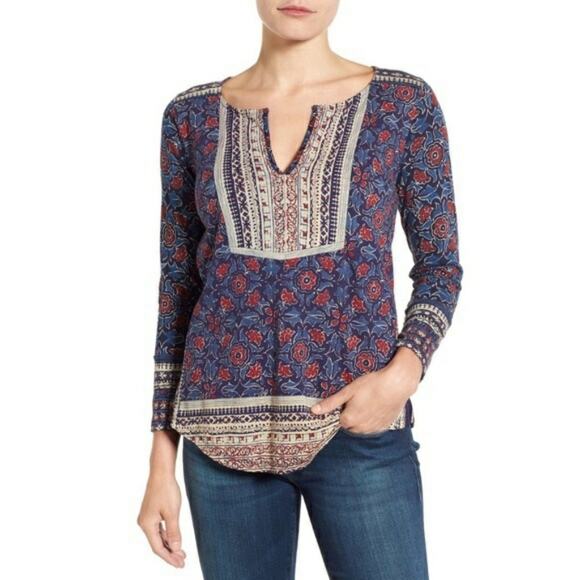 Lucky Brand Floral Woodblock Print Peasant Top Women's Size Extra Small Red Blue - Picture 1 of 16